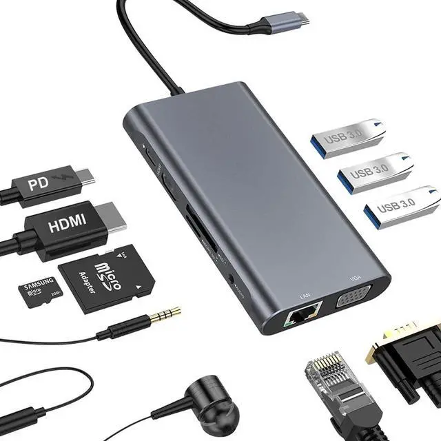 Main image of USB C Hub, 10 in 1 Type C Multiport Adapter Dock with Gigabit Ethernet, 4K HDMI, VGA, 3 USB3.0, 60W PD, 3.5mm Audio and SD/TF Docking Station for MacBook Pro/Air, Surface Pro 7 and Type-C Laptops