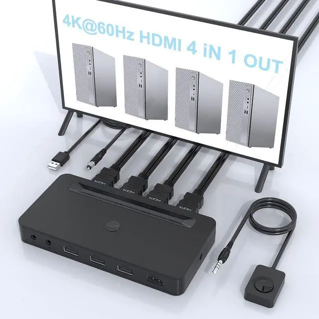 Main image of 4K HDMI KVM Switch 4 Ports for 4 Computers Share One HD 4K Monitor, 3 USB Devices Keyboard Mouse Printer, 2 3.5mm Headphone Jack, Including 4 HDMI Cable and 1 Remote Controller