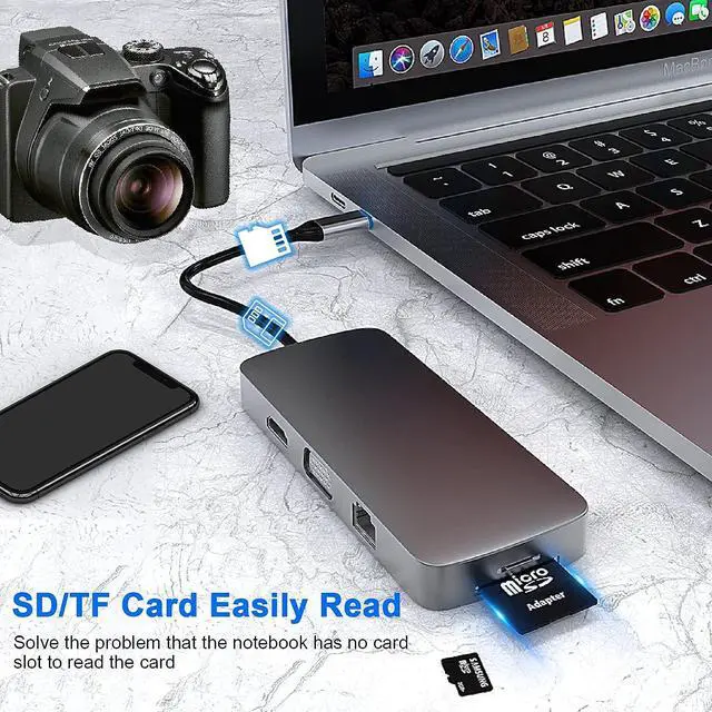 Alt view image 5 of 7 - USB C HUB Dongle, 10-in-1 USB C Adapter Docking Station with 4K HDMI,VGA,Type C PD,USB3.0,RJ45 Ethernet,SD/TF Card Reader,3.5mm AUX, Compatible with MacBook Pro/Air, Other Type C Latops Devices