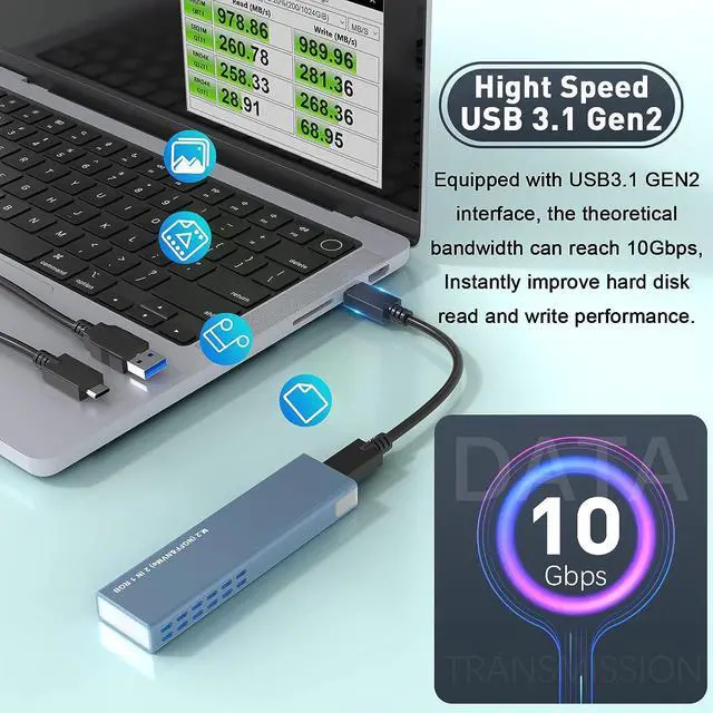 Alt view image 2 of 7 - M.2 NVMe and SATA SSD Enclosure Tool-Free, 10Gbps USB 3.1 Gen2 Aluminum M.2 NVME NGFF SSD Enclosure, RGB NVMe SSD Enclosure Supports M and B&M Keys 2280/2230/ 2242/2260 SSDs(with USB C & USB A Cables)