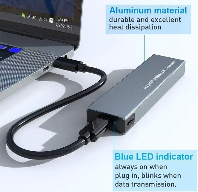 Alt view image 3 of 7 - Aluminum M.2 NVME SATA SSD Enclosure Adapter, USB 3.2 Gen 2 (10 Gbps) to NVME PCI-E SATA M-Key/(B+M) Key Solid State Drive External Enclosure Support UASP Trim for NVME/SATA SSDs 2242/2260/2280