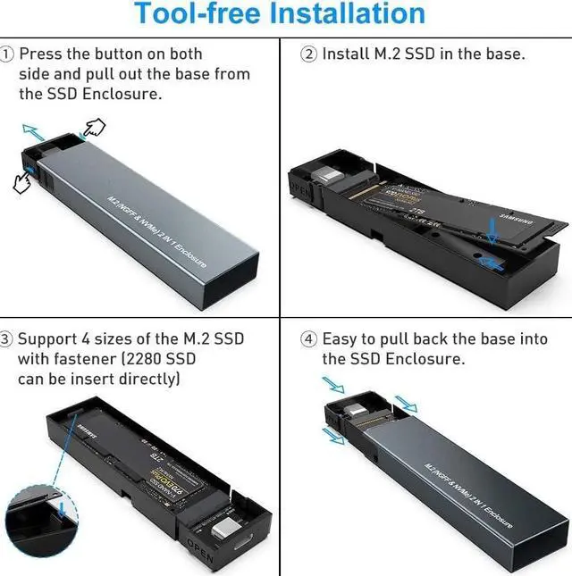Alt view image 6 of 7 - Aluminum M.2 NVME SATA SSD Enclosure Adapter, USB 3.2 Gen 2 (10 Gbps) to NVME PCI-E SATA M-Key/(B+M) Key Solid State Drive External Enclosure Support UASP Trim for NVME/SATA SSDs 2242/2260/2280