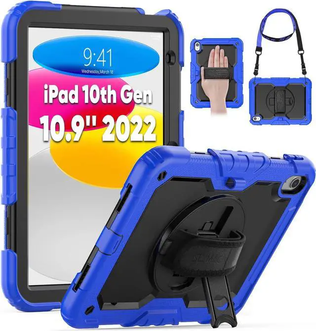 Main image of Kids Case for iPad Air 5th/4th Generation 10.9", Full-Body Shockproof Protective Case with Screen Protector, Rotating Stand/Hand/Shoulder Strap for iPad Air 5/ Air 4, Colorful Light Blue