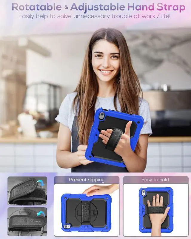 Alt view image 4 of 7 - Kids Case for iPad Air 5th/4th Generation 10.9", Full-Body Shockproof Protective Case with Screen Protector, Rotating Stand/Hand/Shoulder Strap for iPad Air 5/ Air 4, Colorful Light Blue