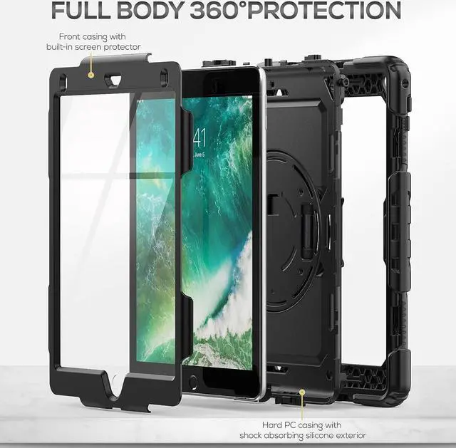 Alt view image 6 of 7 - iPad 6th/5th Generation Case 9.7 Inch, Heavy Duty Protective Shockproof Case with Screen Protector, 360° Rotating Stand/Handle/Shoulder Strap for iPad 6th/ 5th Gen/Air 2/ Pro 9.7, Black