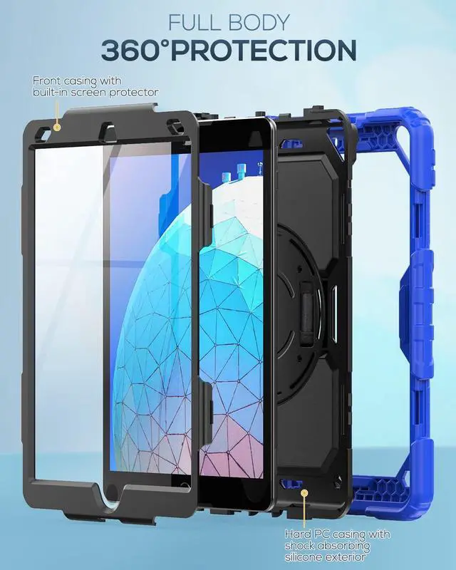 Alt view image 6 of 7 - Kids Case for iPad Air 3 10.5'' iPad Pro 10.5 Case, Sturdy Heavy Duty Full-Body Shockproof Protective Case with Screen Protector, Rotating Stand, Hand/Shoulder Strap for Air 3rd Gen, Blue
