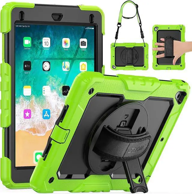 Main image of iPad 6th/5th Generation Case 9.7 Inch, Heavy Duty Protective Shockproof Case with Screen Protector, 360° Rotating Stand/Handle/Shoulder Strap for iPad 6th/ 5th Gen/Air 2/ Pro 9.7, Green