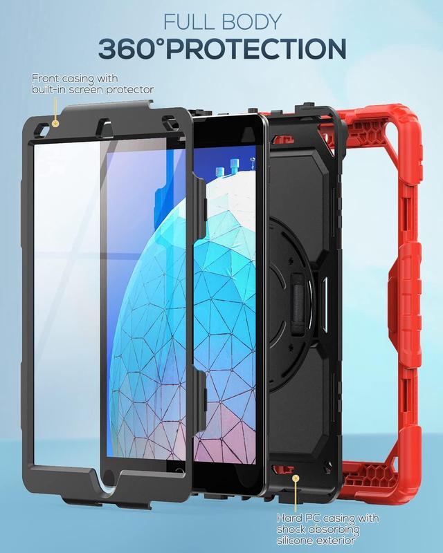 Alt view image 6 of 7 - Kids Case for iPad Air 3 Case 10.5'' iPad Pro 10.5 Case, Durable Sturdy Heavy Duty Full-Body Shockproof Protective Case with Screen Protector, Rotating Stand, Hand/Shoulder Strap, Red
