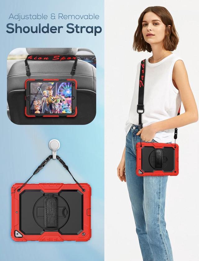 Alt view image 5 of 7 - Kids Case for iPad Air 3 Case 10.5'' iPad Pro 10.5 Case, Durable Sturdy Heavy Duty Full-Body Shockproof Protective Case with Screen Protector, Rotating Stand, Hand/Shoulder Strap, Red