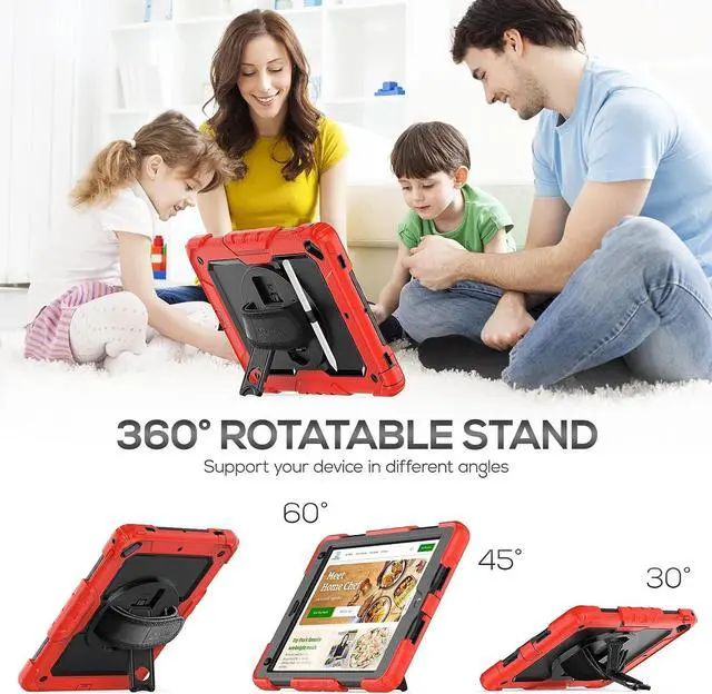 Alt view image 4 of 7 - iPad 6th/5th Generation Case 9.7 Inch, Full-Body Shockproof Heavy Duty Protective Case with Screen Protector, Rotating Stand/Handle/Shoulder Strap for iPad 6th/ 5th Gen/Air 2/ Pro 9.7, Red