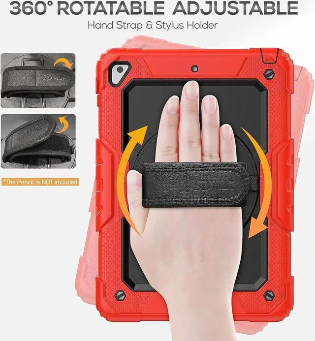 Alt view image 3 of 7 - iPad 6th/5th Generation Case 9.7 Inch, Full-Body Shockproof Heavy Duty Protective Case with Screen Protector, Rotating Stand/Handle/Shoulder Strap for iPad 6th/ 5th Gen/Air 2/ Pro 9.7, Red