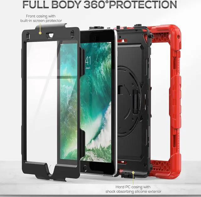 Alt view image 6 of 7 - iPad 6th/5th Generation Case 9.7 Inch, Full-Body Shockproof Heavy Duty Protective Case with Screen Protector, Rotating Stand/Handle/Shoulder Strap for iPad 6th/ 5th Gen/Air 2/ Pro 9.7, Red