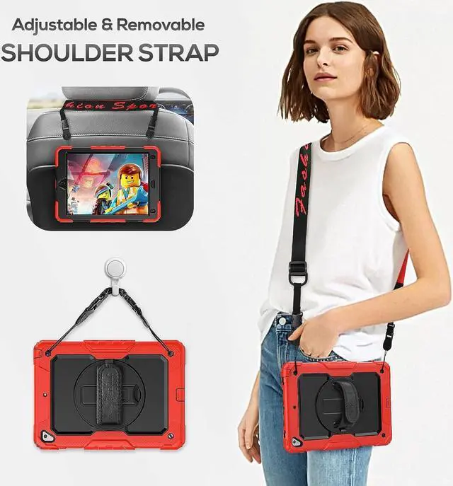 Alt view image 5 of 7 - iPad 6th/5th Generation Case 9.7 Inch, Full-Body Shockproof Heavy Duty Protective Case with Screen Protector, Rotating Stand/Handle/Shoulder Strap for iPad 6th/ 5th Gen/Air 2/ Pro 9.7, Red