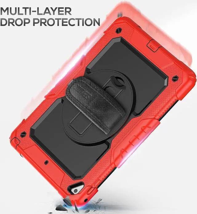 Alt view image 7 of 7 - iPad 6th/5th Generation Case 9.7 Inch, Full-Body Shockproof Heavy Duty Protective Case with Screen Protector, Rotating Stand/Handle/Shoulder Strap for iPad 6th/ 5th Gen/Air 2/ Pro 9.7, Red