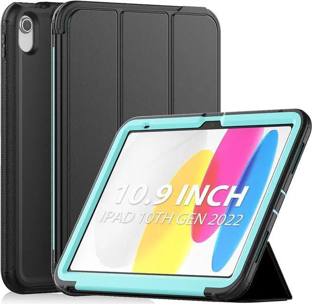 Main image of iPad 10th Generation 10.9 Inch 2022 Release, Durable Sturdy Heavy Duty Shockproof Protection Folio Stand Case with Smart Cover Auto Sleep/Wake for iPad 10.9 Case, Black/Light Blue
