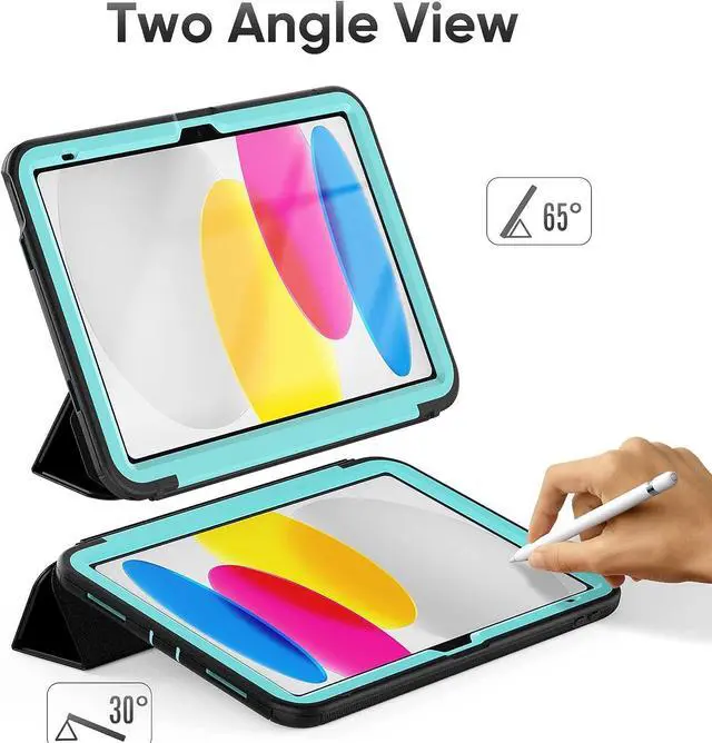 Alt view image 4 of 7 - iPad 10th Generation 10.9 Inch 2022 Release, Durable Sturdy Heavy Duty Shockproof Protection Folio Stand Case with Smart Cover Auto Sleep/Wake for iPad 10.9 Case, Black/Light Blue