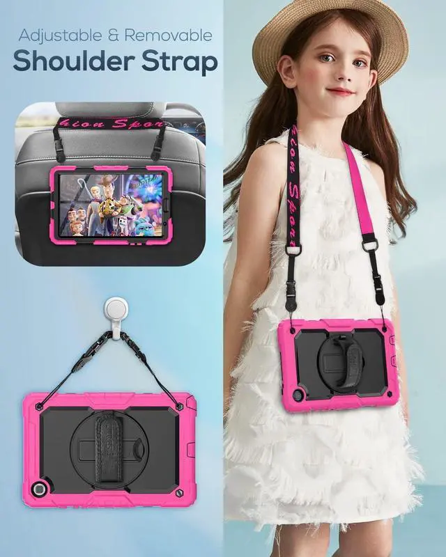 Alt view image 5 of 7 - Kids Case for Samsung Galaxy Tab A7 Lite 8.7 Inch (SM-T220/ T225/ T227), Sturdy Shockproof Full-Body Protective Case with Screen Protector, Rotating Stand, Hand/Shoulder Strap, Pink
