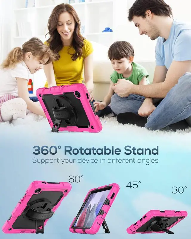 Alt view image 4 of 7 - Kids Case for Samsung Galaxy Tab A7 Lite 8.7 Inch (SM-T220/ T225/ T227), Sturdy Shockproof Full-Body Protective Case with Screen Protector, Rotating Stand, Hand/Shoulder Strap, Pink