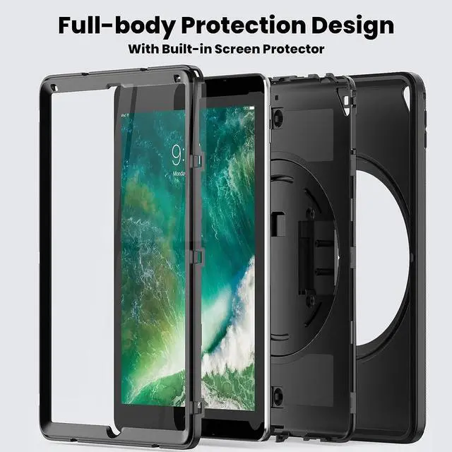 Alt view image 6 of 7 - iPad 5th/6th Generation Case iPad 9.7 Case  Full Protection iPad Case with Screen Protector Pencil Holder [360 Rotating Hand Strap/Kickstand] Shockproof Case for iPad Pro 9.7/iPad Air 2 Black
