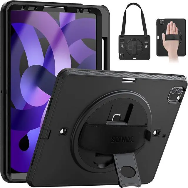 Main image of for iPad Air 5th/4th Generation Case 10.9 Inch 2022/2020, Full Protection Shockproof Case with Screen Protector, Rotating Stand, Hand/Shoulder Strap and Pen Holder for iPad Air 5/Air4, Black