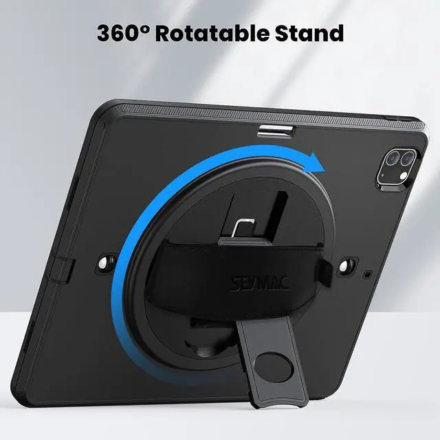 Alt view image 4 of 7 - for iPad Air 5th/4th Generation Case 10.9 Inch 2022/2020, Full Protection Shockproof Case with Screen Protector, Rotating Stand, Hand/Shoulder Strap and Pen Holder for iPad Air 5/Air4, Black