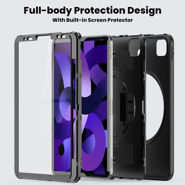 Alt view image 6 of 7 - for iPad Air 5th/4th Generation Case 10.9 Inch 2022/2020, Full Protection Shockproof Case with Screen Protector, Rotating Stand, Hand/Shoulder Strap and Pen Holder for iPad Air 5/Air4, Black