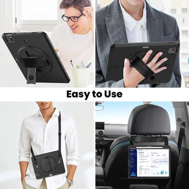 Alt view image 7 of 7 - for iPad Air 5th/4th Generation Case 10.9 Inch 2022/2020, Full Protection Shockproof Case with Screen Protector, Rotating Stand, Hand/Shoulder Strap and Pen Holder for iPad Air 5/Air4, Black