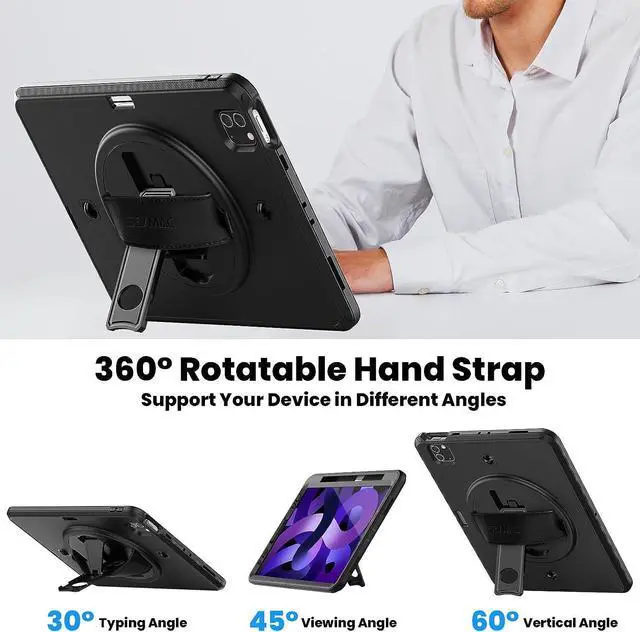 Alt view image 5 of 7 - for iPad Air 5th/4th Generation Case 10.9 Inch 2022/2020, Full Protection Shockproof Case with Screen Protector, Rotating Stand, Hand/Shoulder Strap and Pen Holder for iPad Air 5/Air4, Black