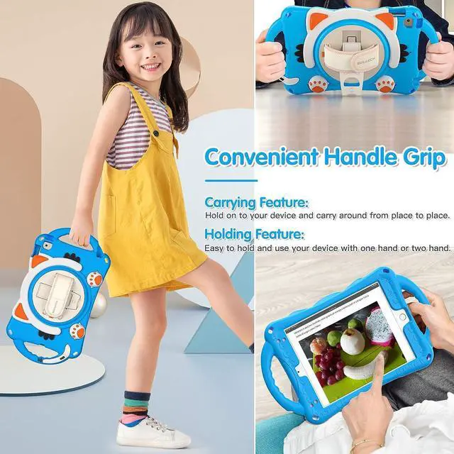 Alt view image 4 of 6 - iPad Mini 5/4/3/2/1 Case for Kids, Rubber Shockproof Durable Childproof Cute Case with Carrying Strap, Handle Grip, Hand Strap, Pencil Holder, Kickstand for Apple iPad Mini 7.9 Inch-Light Blue