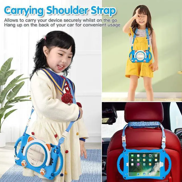 Alt view image 5 of 6 - iPad Mini 5/4/3/2/1 Case for Kids, Rubber Shockproof Durable Childproof Cute Case with Carrying Strap, Handle Grip, Hand Strap, Pencil Holder, Kickstand for Apple iPad Mini 7.9 Inch-Light Blue