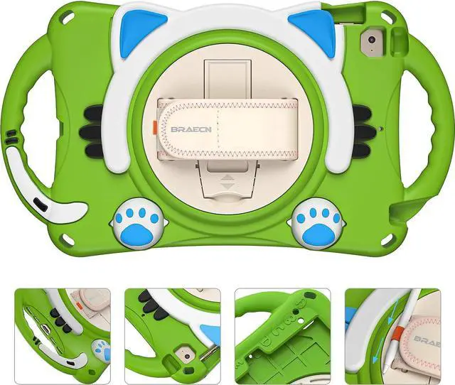 Alt view image 2 of 6 - iPad Mini 5th/4th/3rd/2nd/1st Generation Case Kids, Silicone Rubber Shockproof Kids Friendly Boys Girls Cover with Adjustable Strap,Handle Grip,Pencil Holder,Rotating Kickstand,Hand Strap-Green