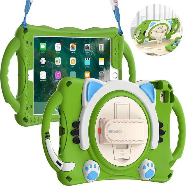 Main image of iPad Mini 5th/4th/3rd/2nd/1st Generation Case Kids, Silicone Rubber Shockproof Kids Friendly Boys Girls Cover with Adjustable Strap,Handle Grip,Pencil Holder,Rotating Kickstand,Hand Strap-Green