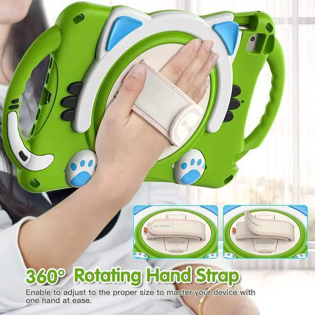Alt view image 3 of 6 - iPad Mini 5th/4th/3rd/2nd/1st Generation Case Kids, Silicone Rubber Shockproof Kids Friendly Boys Girls Cover with Adjustable Strap,Handle Grip,Pencil Holder,Rotating Kickstand,Hand Strap-Green