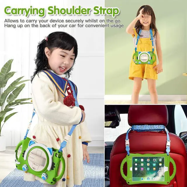Alt view image 5 of 6 - iPad Mini 5th/4th/3rd/2nd/1st Generation Case Kids, Silicone Rubber Shockproof Kids Friendly Boys Girls Cover with Adjustable Strap,Handle Grip,Pencil Holder,Rotating Kickstand,Hand Strap-Green