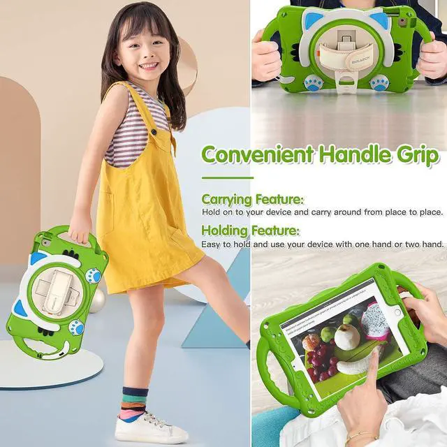 Alt view image 4 of 6 - iPad Mini 5th/4th/3rd/2nd/1st Generation Case Kids, Silicone Rubber Shockproof Kids Friendly Boys Girls Cover with Adjustable Strap,Handle Grip,Pencil Holder,Rotating Kickstand,Hand Strap-Green