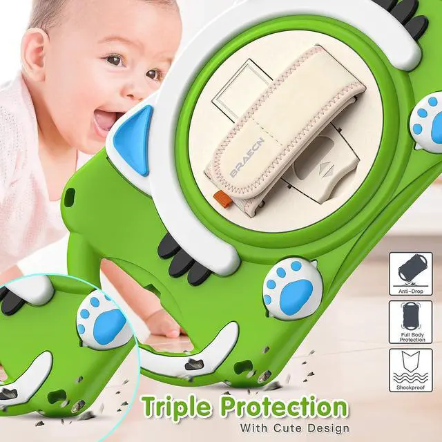 Alt view image 6 of 6 - iPad Mini 5th/4th/3rd/2nd/1st Generation Case Kids, Silicone Rubber Shockproof Kids Friendly Boys Girls Cover with Adjustable Strap,Handle Grip,Pencil Holder,Rotating Kickstand,Hand Strap-Green