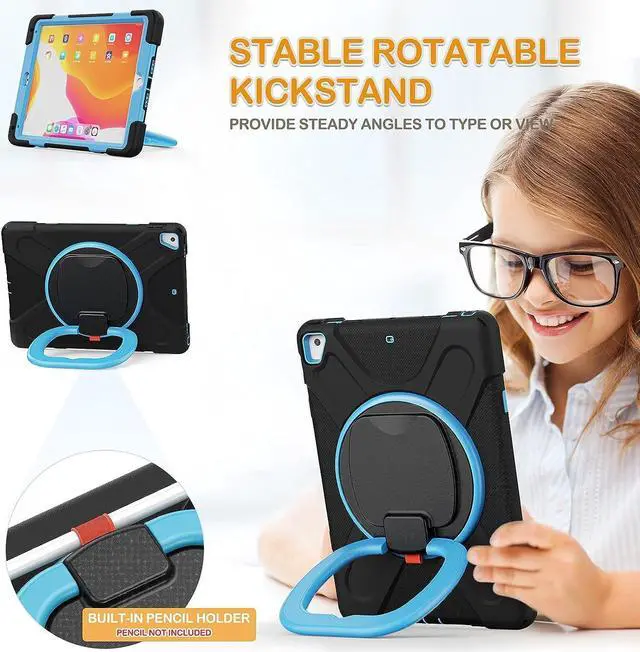 Alt view image 3 of 6 - Case for iPad 6th/5th Generation, iPad Air 2 Case, iPad Pro 9.7 Case, Rugged Silicone Case with 360° Rotating Handle Grip,Pencil Holder, Kickstand, Shoulder Strap for iPad 6th Gen-Black+Blue