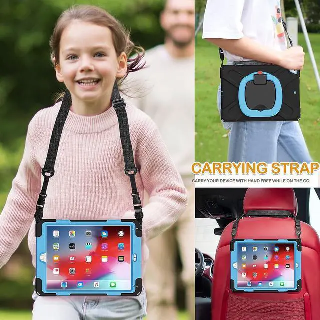 Alt view image 5 of 6 - Case for iPad 6th/5th Generation, iPad Air 2 Case, iPad Pro 9.7 Case, Rugged Silicone Case with 360° Rotating Handle Grip,Pencil Holder, Kickstand, Shoulder Strap for iPad 6th Gen-Black+Blue