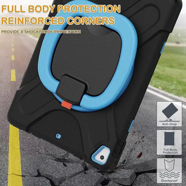 Alt view image 6 of 6 - Case for iPad 6th/5th Generation, iPad Air 2 Case, iPad Pro 9.7 Case, Rugged Silicone Case with 360° Rotating Handle Grip,Pencil Holder, Kickstand, Shoulder Strap for iPad 6th Gen-Black+Blue