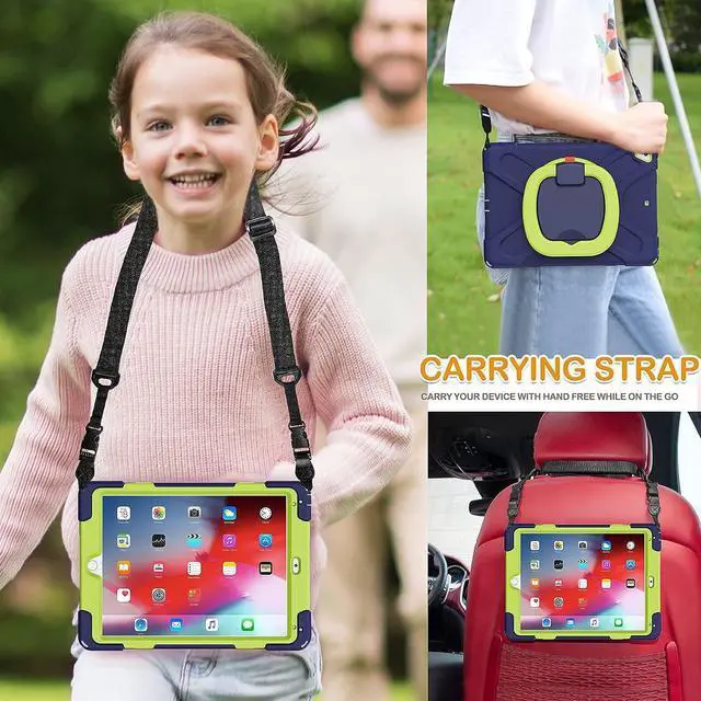 Alt view image 5 of 6 - Case for iPad 6th/5th Generation 2018/2017, iPad Air 2, iPad Pro 9.7,Hybrid Shockproof Rugged Drop Protection Cover with Kickstand, Pencil Holder, Carrying Strap, Hand Grip for Kids-Navy+Green