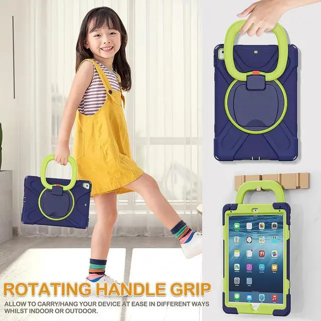 Alt view image 4 of 6 - Case for iPad 6th/5th Generation 2018/2017, iPad Air 2, iPad Pro 9.7,Hybrid Shockproof Rugged Drop Protection Cover with Kickstand, Pencil Holder, Carrying Strap, Hand Grip for Kids-Navy+Green