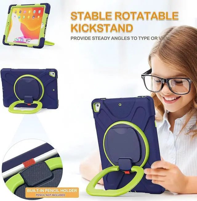 Alt view image 3 of 6 - Case for iPad 6th/5th Generation 2018/2017, iPad Air 2, iPad Pro 9.7,Hybrid Shockproof Rugged Drop Protection Cover with Kickstand, Pencil Holder, Carrying Strap, Hand Grip for Kids-Navy+Green