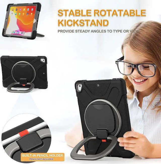 Alt view image 3 of 6 - Case for iPad 9.7 Inch 6th/5th Generation 2018/2017, iPad Air 2, 3-Layer Protective Silicone Cover with Pencil Holder/Hand Grip/Kickstand/Shoulder Strap for iPad 5th/6th Generation-Black+Grey