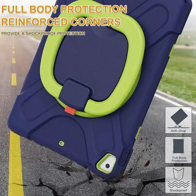 Alt view image 6 of 6 - Case for iPad 6th/5th Generation 2018/2017, iPad Air 2, iPad Pro 9.7,Hybrid Shockproof Rugged Drop Protection Cover with Kickstand, Pencil Holder, Carrying Strap, Hand Grip for Kids-Navy+Green