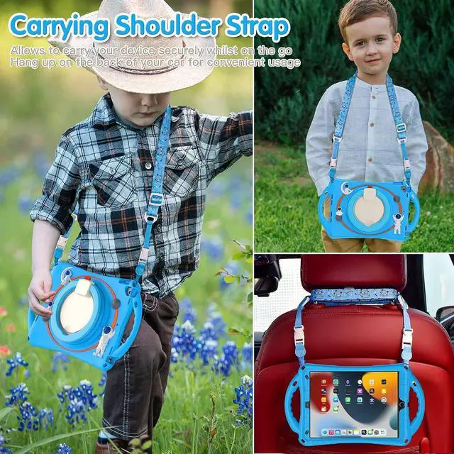 Alt view image 5 of 7 - 3D Cute Cartoon Astronaut Case for iPad 9th 8th 7th Generation 10.2,Silicone Kids Boys Spaceman Case with Pencil Holder,Carrying Strap,Handle Grip,Kickstand for iPad Air 3/Pro 10.5-Light Blue