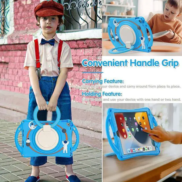 Alt view image 4 of 7 - 3D Cute Cartoon Astronaut Case for iPad 9th 8th 7th Generation 10.2,Silicone Kids Boys Spaceman Case with Pencil Holder,Carrying Strap,Handle Grip,Kickstand for iPad Air 3/Pro 10.5-Light Blue