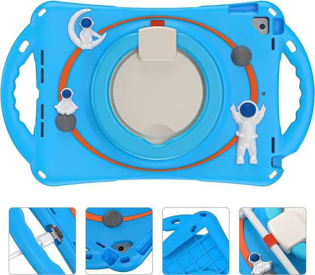 Alt view image 3 of 7 - 3D Cute Cartoon Astronaut Case for iPad 9th 8th 7th Generation 10.2,Silicone Kids Boys Spaceman Case with Pencil Holder,Carrying Strap,Handle Grip,Kickstand for iPad Air 3/Pro 10.5-Light Blue