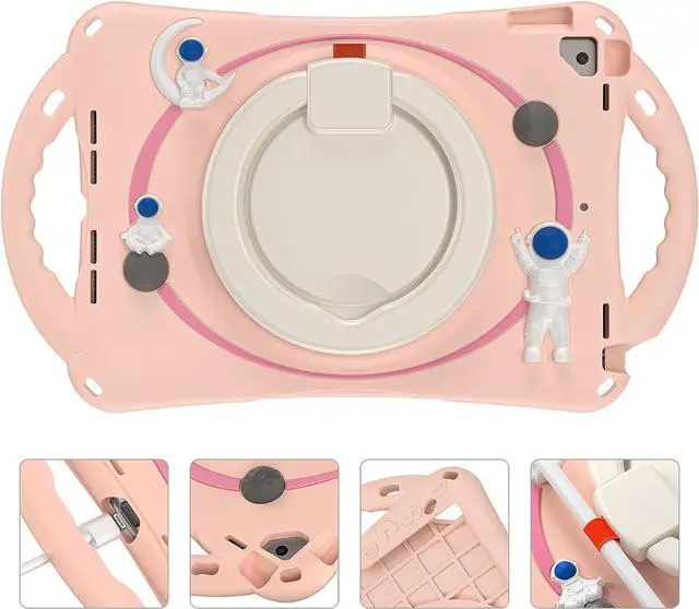 Alt view image 3 of 7 - 3D Cute Astronauts Case for iPad 9th 8th 7th Generation 10.2 Inch,Silicone Kids Girls Spaceman Case with Pencil Holder,Carrying Strap,Handle Grip,Kickstand for iPad Air 3 Gen/iPad Pro 10.5-Pink