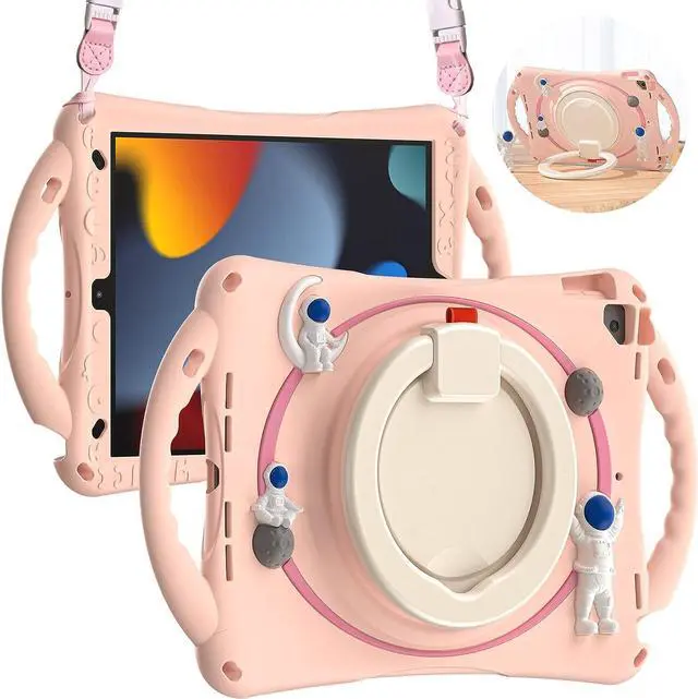 Main image of 3D Cute Astronauts Case for iPad 9th 8th 7th Generation 10.2 Inch,Silicone Kids Girls Spaceman Case with Pencil Holder,Carrying Strap,Handle Grip,Kickstand for iPad Air 3 Gen/iPad Pro 10.5-Pink