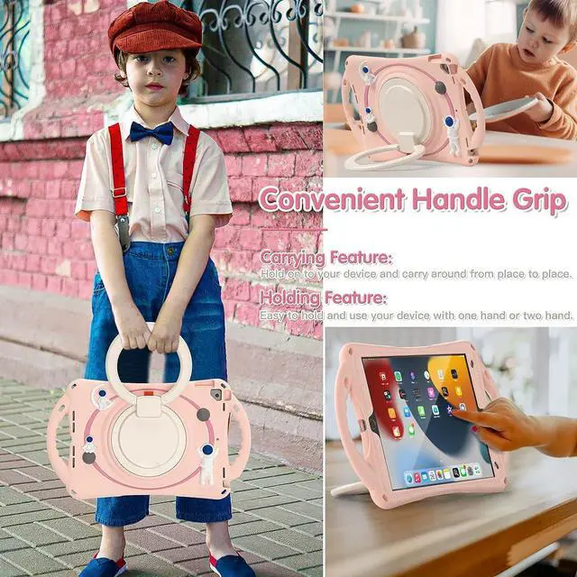 Alt view image 4 of 7 - 3D Cute Astronauts Case for iPad 9th 8th 7th Generation 10.2 Inch,Silicone Kids Girls Spaceman Case with Pencil Holder,Carrying Strap,Handle Grip,Kickstand for iPad Air 3 Gen/iPad Pro 10.5-Pink